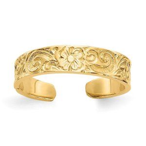 14k Yellow Gold Solid Toe Ring Flower/Scroll Adjustable